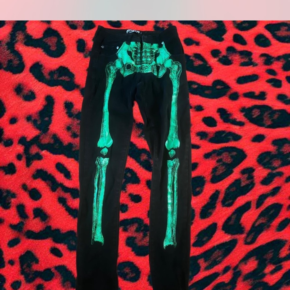 Edgy Black Pants with Neon Green Skeleton Design